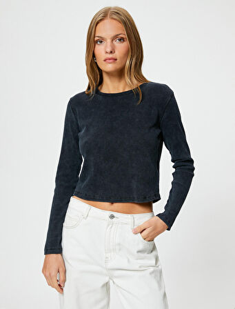 Uzun Kollu Tişört Bisiklet Yaka Fitilli Pamuklu