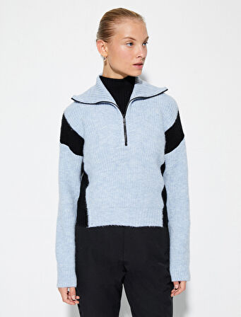 Yarım Fermuarlı Kazak Dik Yaka Örgü