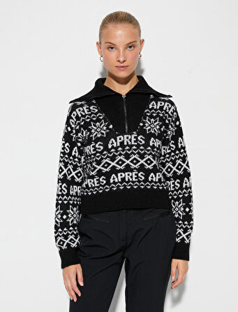 Örgü Kazak Yarım Fermuarlı Geniş Yaka Desenli