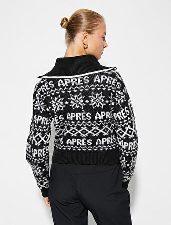 Örgü Kazak Yarım Fermuarlı Geniş Yaka Desenli