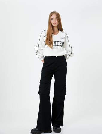Şardonlu V Yaka Kolej Sweatshirt Baskılı Uzun Kollu 