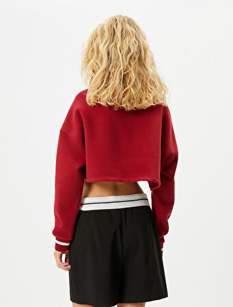 Baskılı Crop Sweatshirt Uzun Kollu Bisiklet Yaka Pamuklu