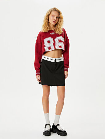 Baskılı Crop Sweatshirt Uzun Kollu Bisiklet Yaka Pamuklu