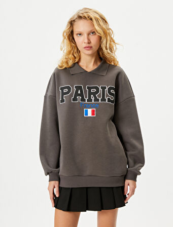 Gömlek Yaka Sweatshirt Paris Baskılı İşlemeli Uzun Kollu Pamuklu