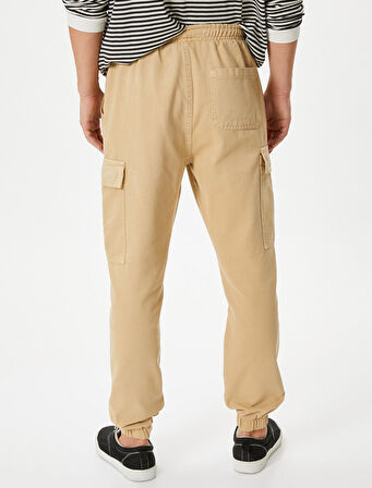 Kargo Jogger Pantolon Beli Bağcıklı Cepli Etiket Baskılı Pamuklu