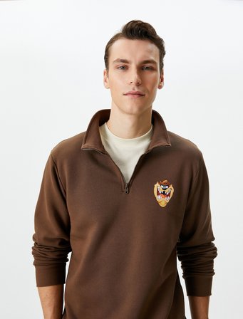 Tazmanya Canavarı Sweatshirt Yarım Fermuarlı Lisanslı Baskılı Şardonlu