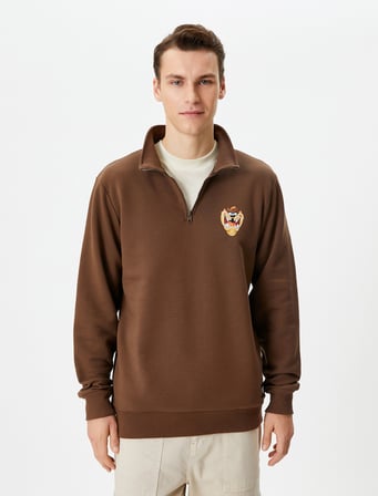 Tazmanya Canavarı Sweatshirt Yarım Fermuarlı Lisanslı Baskılı Şardonlu