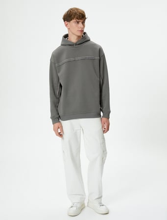 Oversize Kapşonlu Sweatshirt Dikiş Detaylı Uzun Kollu Şardonlu
