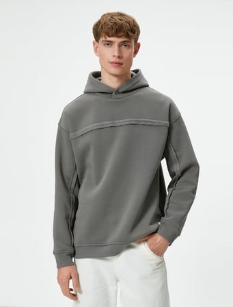 Oversize Kapşonlu Sweatshirt Dikiş Detaylı Uzun Kollu Şardonlu