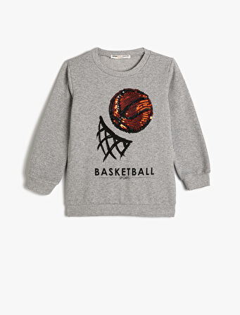 Sweatshirt Basketbol Temalı Pullu Payetli Uzun Kollu Bisiklet Yaka  Şardonlu 