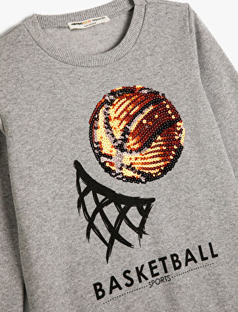 Sweatshirt Basketbol Temalı Pullu Payetli Uzun Kollu Bisiklet Yaka  Şardonlu 
