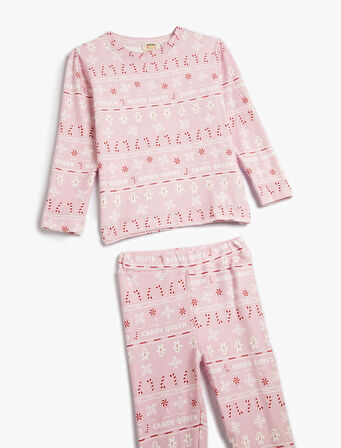 Pijama Takımı Yılbaşı Temalı Baskılı Uzun Kollu 2 Parça