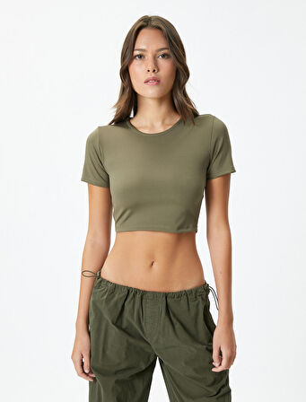 Crop Tişört Kısa Kollu Bisiklet Yaka Slim Fit