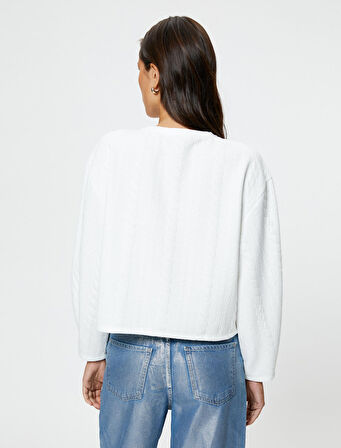Örgü Desenli Sweatshirt Uzun Kollu Bisiklet Yaka Dokulu
