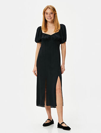 Midi Elbise Balon Kol Yırtmaçlı Kalp Yaka Viskon