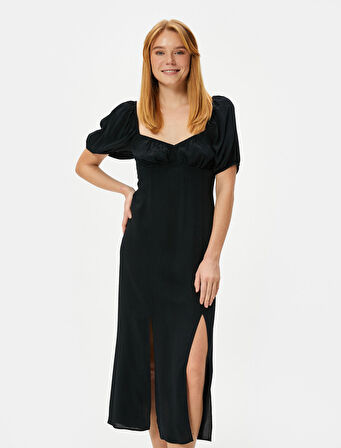 Midi Elbise Balon Kol Yırtmaçlı Kalp Yaka Viskon