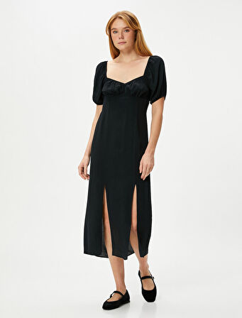 Midi Elbise Balon Kol Yırtmaçlı Kalp Yaka Viskon