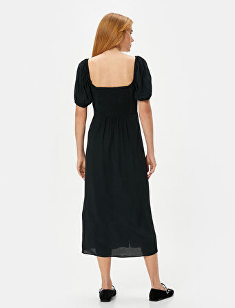 Midi Elbise Balon Kol Yırtmaçlı Kalp Yaka Viskon