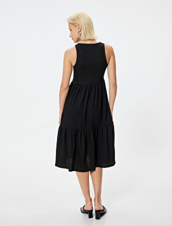 Kolsuz Midi Boy Elbise Yuvarlak Yaka Katlı