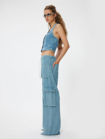 Oversize Kargo Kot Pantolon Beli Lastikli Cep Detaylı -  Loose Straight Fit Jeans