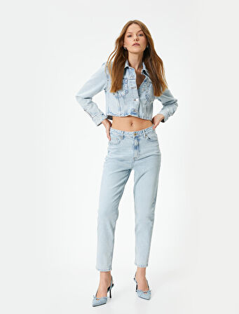 Yüksek Bel Kot Pantolon Kısa Paça Cepli - Mom Jeans