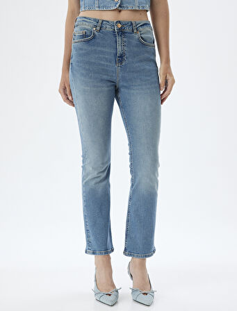 İspanyol Paça Kot Pantolon Skinny Fit Düğmeli Pamuklu - Kick Flare Jean