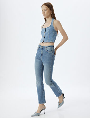 İspanyol Paça Kot Pantolon Skinny Fit Düğmeli Pamuklu - Kick Flare Jean