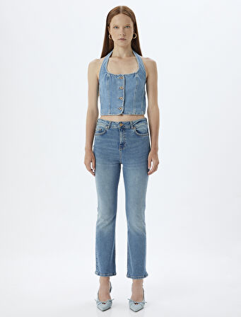 İspanyol Paça Kot Pantolon Skinny Fit Düğmeli Pamuklu - Kick Flare Jean