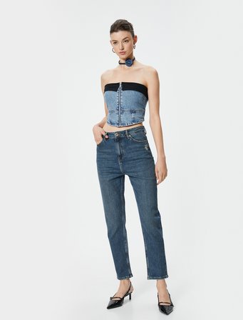 Yüksek Bel Mom Kot Pantolon Esnek Cepli Dar Kalıp Pamuklu - Slim Mom Jean