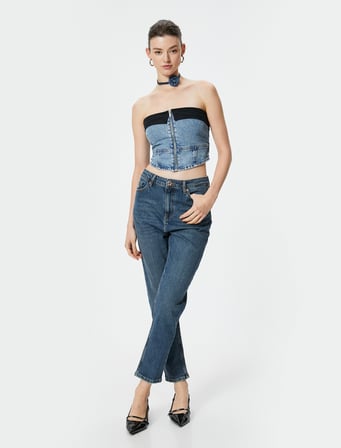 Yüksek Bel Mom Kot Pantolon Esnek Cepli Dar Kalıp Pamuklu - Slim Mom Jean