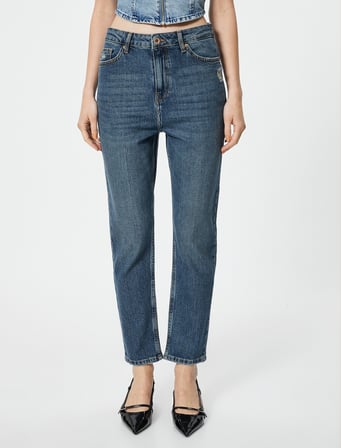 Yüksek Bel Mom Kot Pantolon Esnek Cepli Dar Kalıp Pamuklu - Slim Mom Jean