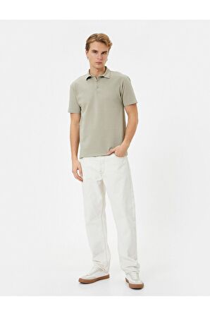 Polo Yaka Tişört Jakarlı Dokulu Düğmeli Kısa Kollu