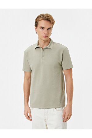 Polo Yaka Tişört Jakarlı Dokulu Düğmeli Kısa Kollu