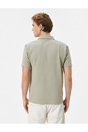 Polo Yaka Tişört Jakarlı Dokulu Düğmeli Kısa Kollu