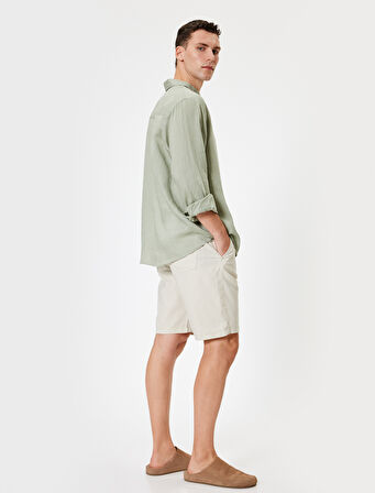 Bermuda Şort Chino Cepli Paça Detaylı Keten Karışımlı 
