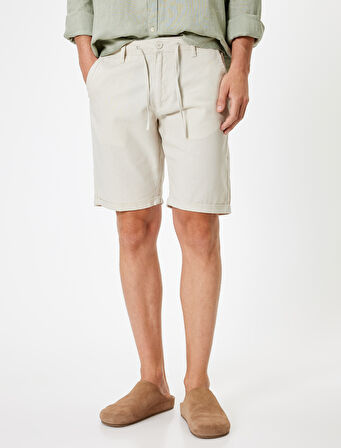 Bermuda Şort Chino Cepli Paça Detaylı Keten Karışımlı 