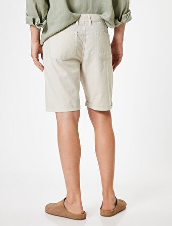 Bermuda Şort Chino Cepli Paça Detaylı Keten Karışımlı 