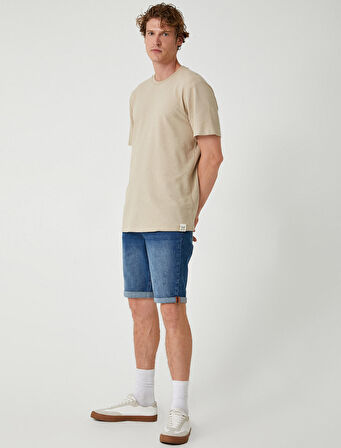 Slim Fit Kot Şort Cep Detaylı Katlamalı Paça Pamuklu