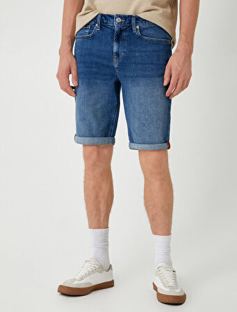 Slim Fit Kot Şort Cep Detaylı Katlamalı Paça Pamuklu