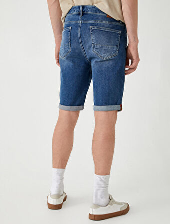 Slim Fit Kot Şort Cep Detaylı Katlamalı Paça Pamuklu