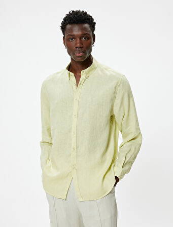 Keten Gömlek Klasik Yaka Uzun Kollu Düğmeli