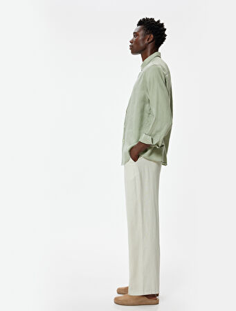 Keten Gömlek Klasik Yaka Uzun Kollu Düğmeli