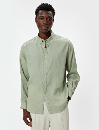 Keten Gömlek Klasik Yaka Uzun Kollu Düğmeli