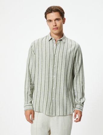 Uzun Kollu Gömlek Düğmeli Keten Karışımlı
