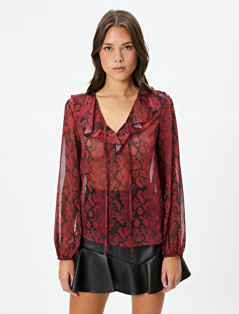 Şifon Transparan Gömlek Balon Kollu V Yaka Fırfırlı