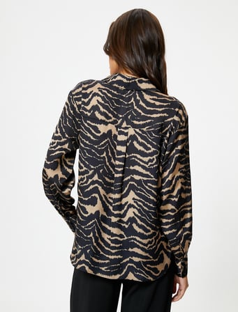 Saten Gömlek Zebra Desenli Cepli Düğmeli Uzun Kollu
