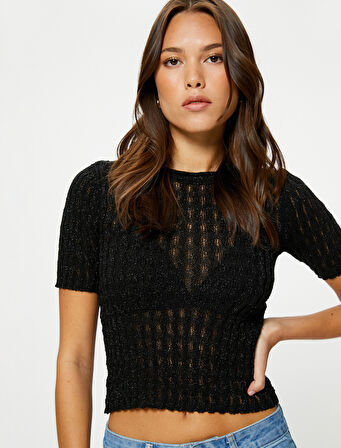 Kısa Kolllu Kazak Simli Bisiklet Yaka Dokulu