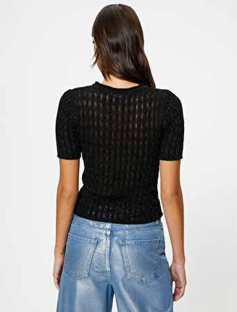 Kısa Kolllu Kazak Simli Bisiklet Yaka Dokulu