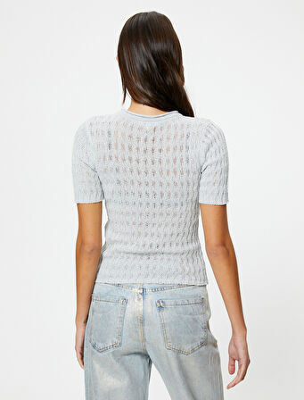 Kısa Kolllu Kazak Simli Bisiklet Yaka Dokulu