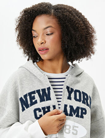 Kapüşonlu Fermuarlı Crop Sweatshirt Kolej İşleme Detaylı Renk Bloklu 